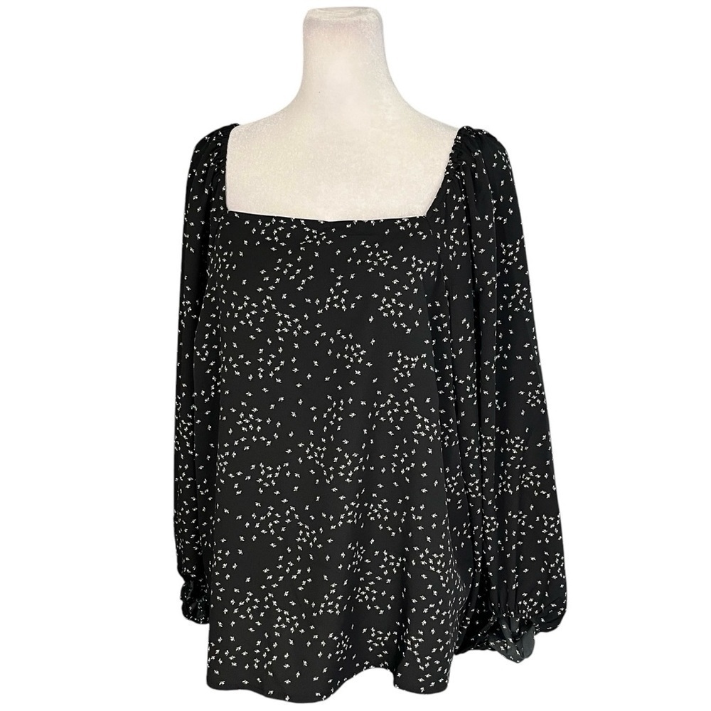 A New Day Black Floral Square Neckline Bell Sleeve Blouse Large